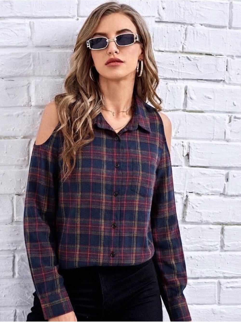 Angie Cold-Shoulder Flannel Button-Up